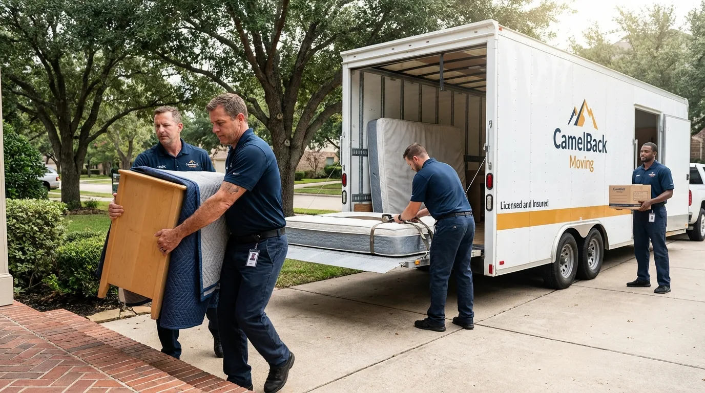 Crew loading residential truck for cross-state move from Green Forest, AR