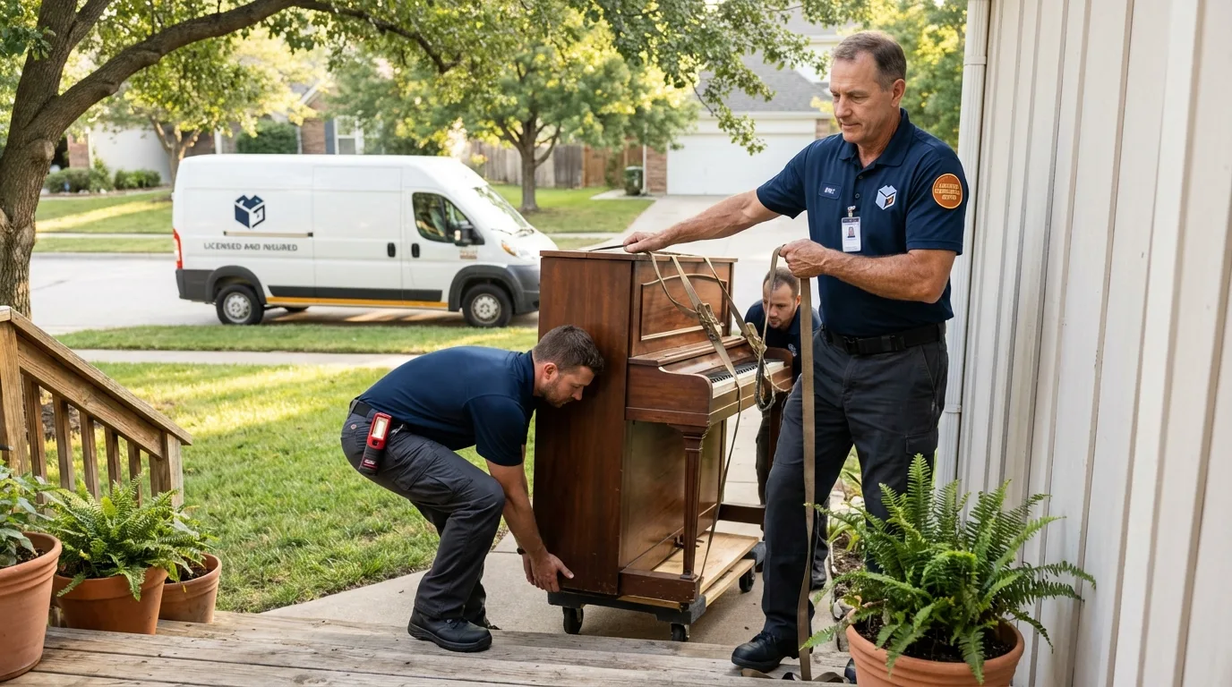 Licensed piano movers securing grand piano in Green Forest, AR
