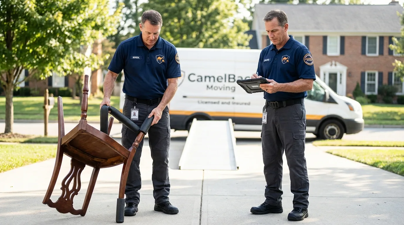 Movers inspecting furniture for damage prevention before loading in Green Forest, AR