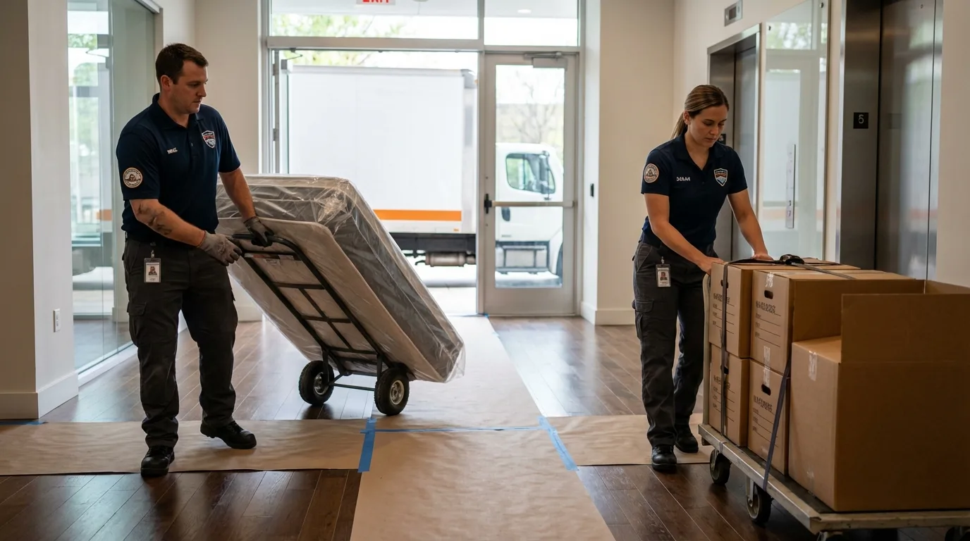 Professional apartment movers loading elevator in Green Forest, AR